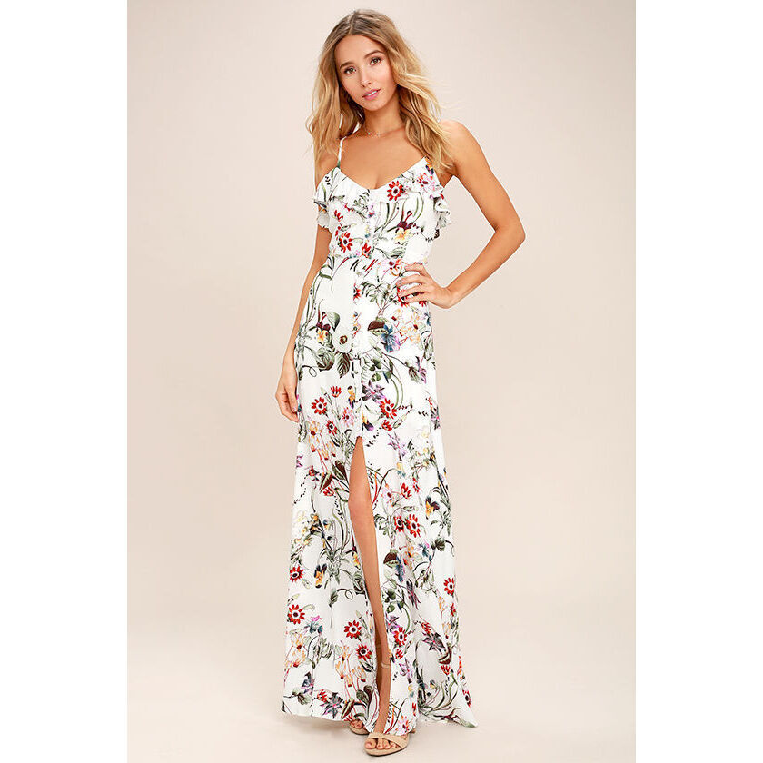 Lulus Bloom On Ivory Floral Print Maxi Dress White - Size Medium